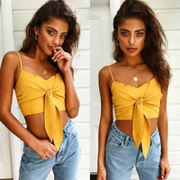 women crop tank tops fashion straps summer bow design short camis tight sexy v neck sleeveless polyester casual ladies tops