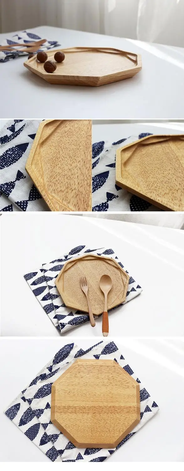Double layer Octagon Wood Pan Plate Fruit Dishes Saucer Tea Tray Dessert Dinner Bread Plates Solid | Дом и сад
