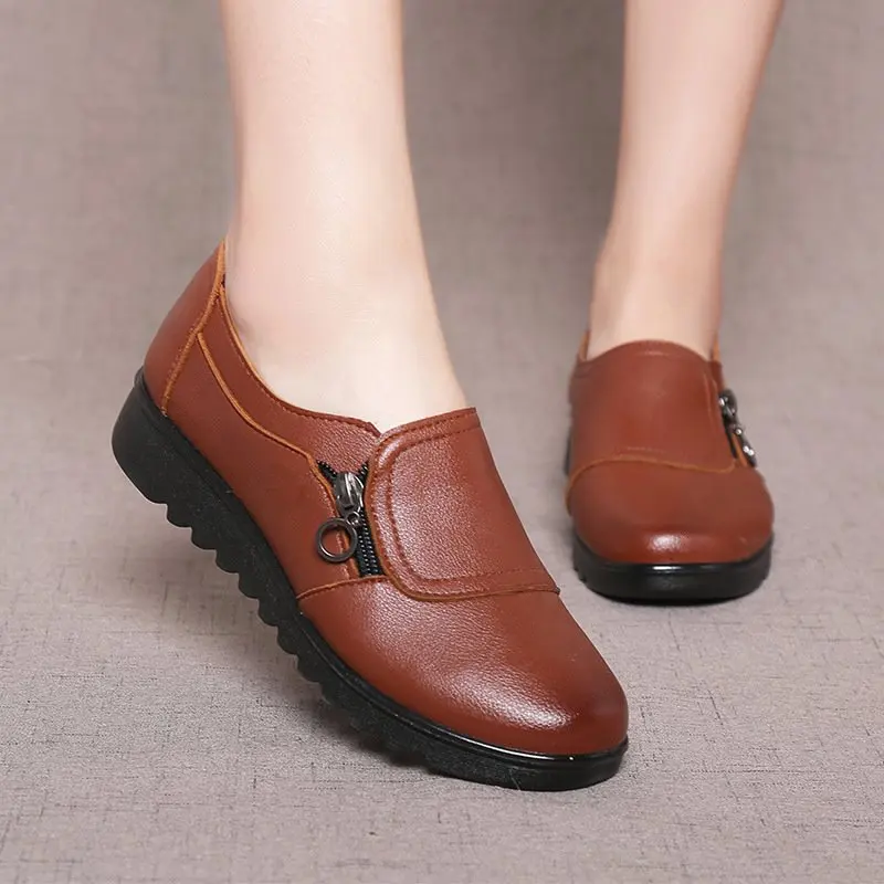 

2020 Fashion Soft Leather Round head Women Casual Flats Ladies Side Zipper Flat Oxford Shoes New Mother single Shoes
