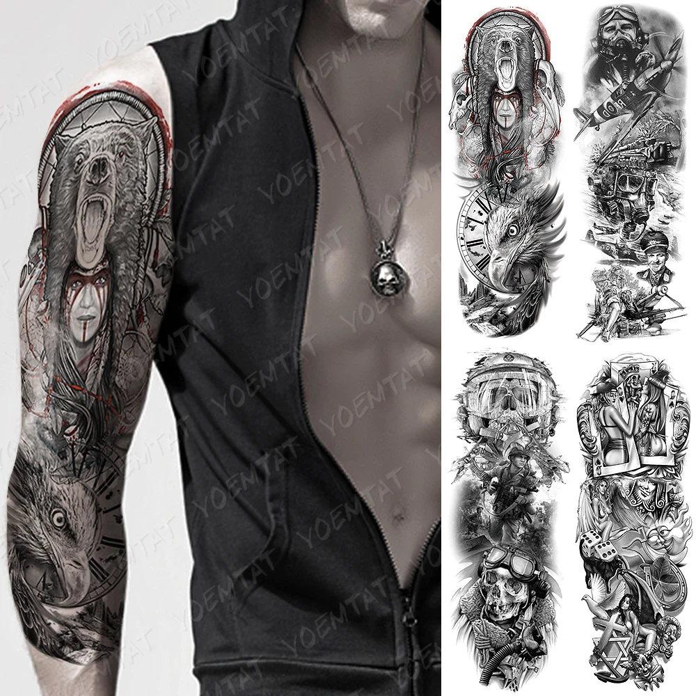 

Full Arm Waterproof Temporary Tattoo Bear Eagle Clock Ship Skeleton Skull Soldier Mechanical Body Art Flash Fake Tattoo Man