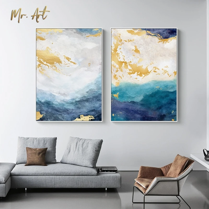 

Modern Abstract Gold Foil Canvas Painting Blue and White Posters and Prints Nordic Wall Art Pictures for Living Room Home Decor