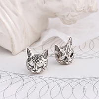 men womens silver color hairless cat stud earrings unisex earrings vintage gothic punk style cat earrings hip hop jewelry