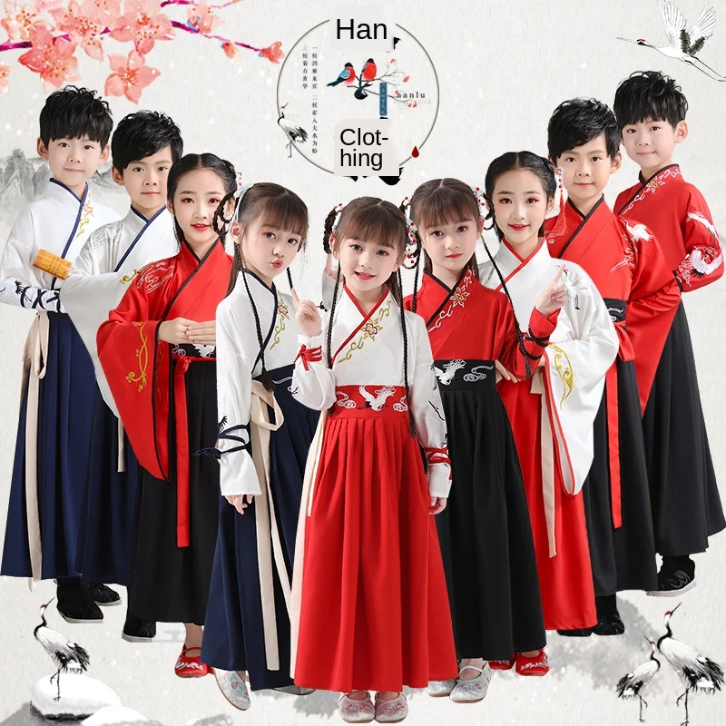 

Ancient Chinese Costume Hanfu Dress Crane Half Sleeve Baby Girl Boy Kids Folk Dance Costume Tang Suit Embroidery