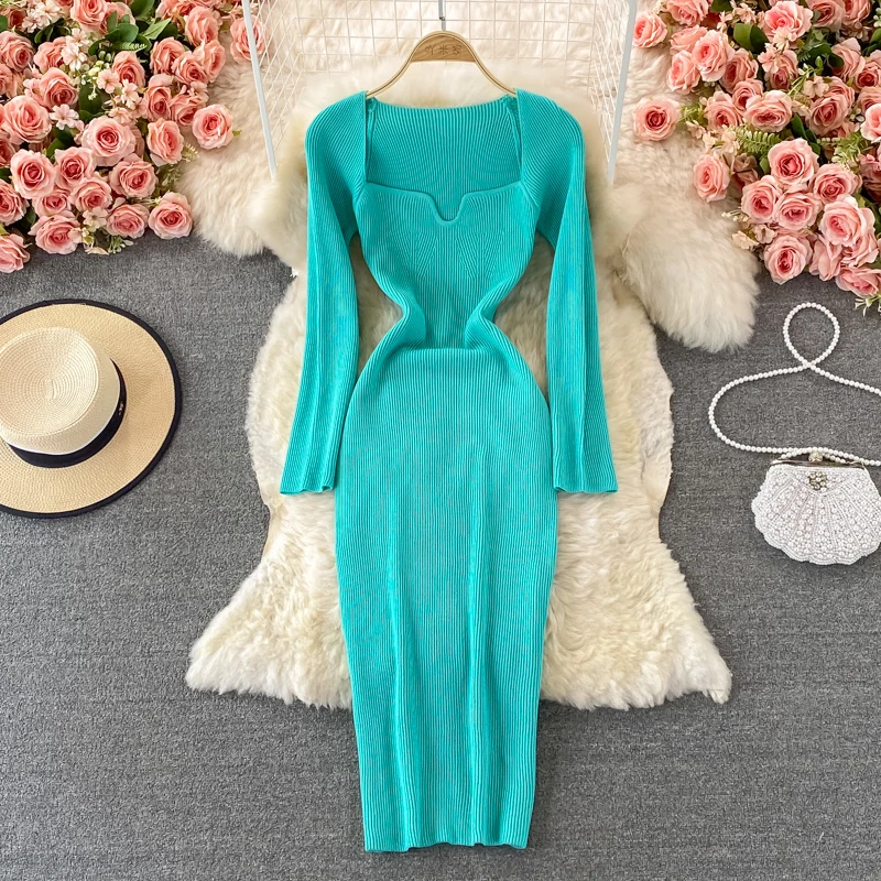 

Croysier миди платья для женщин 2021 милая шея с длинным рукавом элегантное трикотажное платье осень зима с разрезом сексуальное облегающее плат...