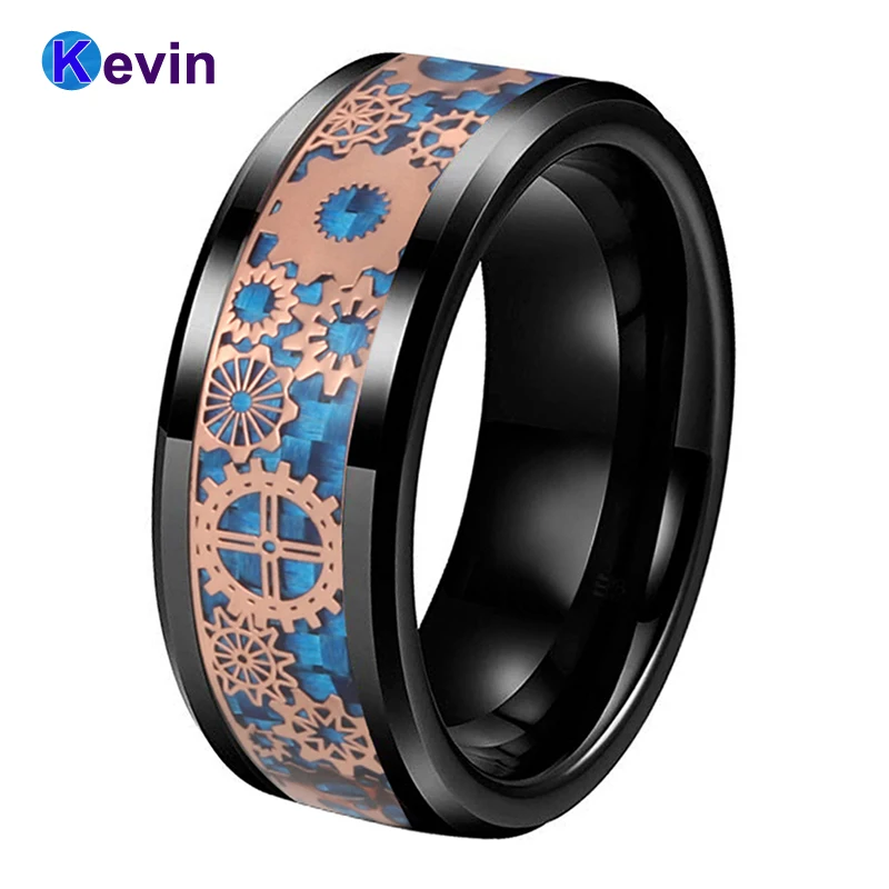 Черное обручальное кольцо вольфрамовое 8 мм с механическим зубчатым колесом из