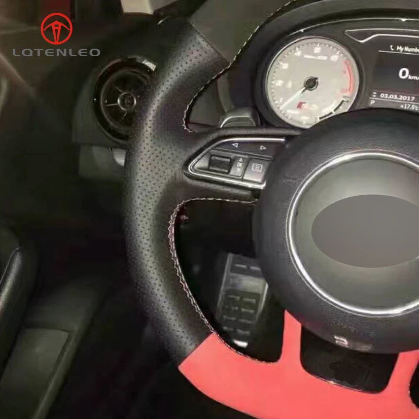 

LQTENLEO Black Leather Black Red Suede DIY Hand Car Steering Wheel Cover for Audi A5 A7 RS7 S7 SQ5 S6 S5 RS5 S4 RS4 S3 2012-2018