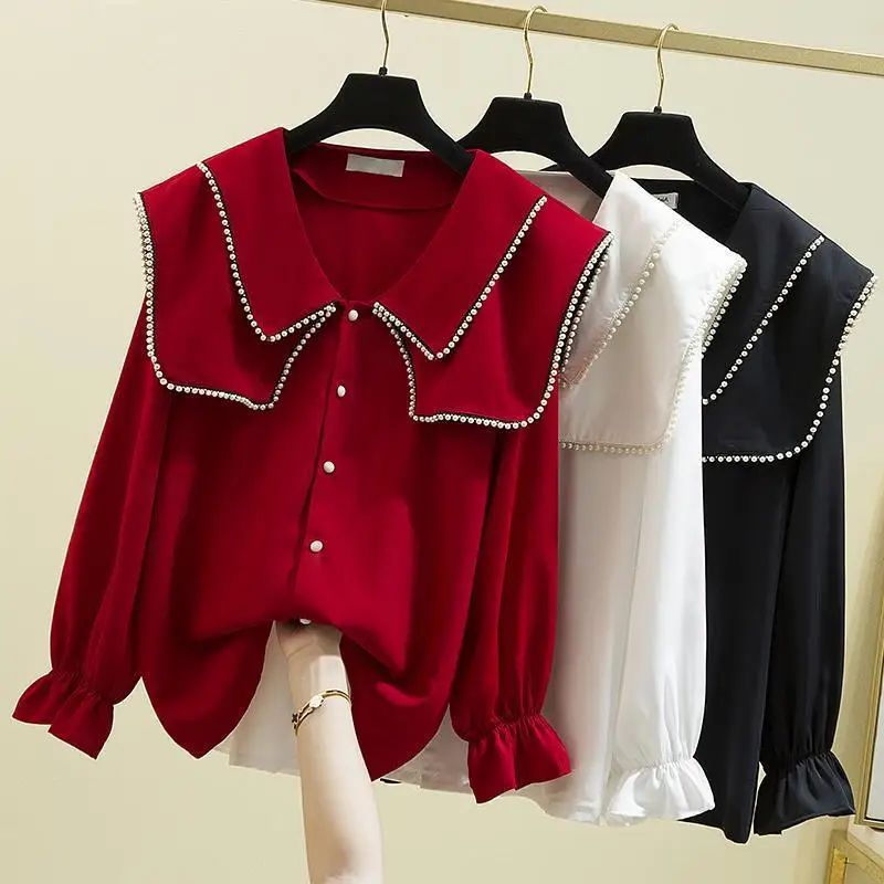 

Fall women clothing 2021 plus size double-layer pearl doll collar loose western style shirt fashion slim shirt