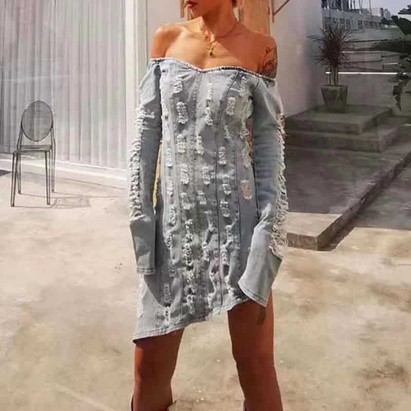 

SeeBeautiful Loose Denim Dress Slash Neck Expose Shoulder Long Sleeve Holes Irregular New Fashion Spring 2021 Women T834
