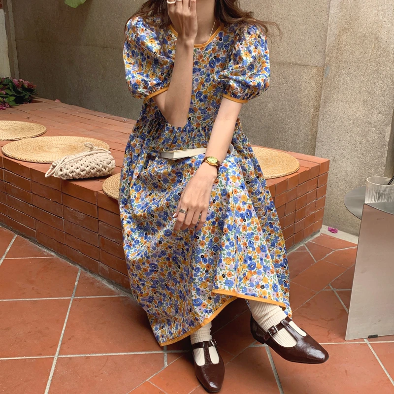 

Floral French Sweet Dress Women O Neck Puff Sleeve Dress Summer Bohemian Print A-line Midi Dress M313