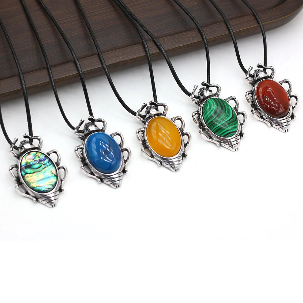 

Natural Blue Turquoise Green Aventurine Tiger Eye Stone Vintage Beetle Pendant Necklace for Women Jewerly Best Gift 30x45mm