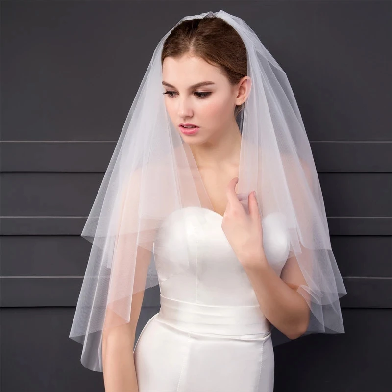

2 Layers Bridal Veils Comb Velo De Novia White Ivory Soft Tulle Welon Cut Edge Short Wedding Veil Of Bride Voile Mariage