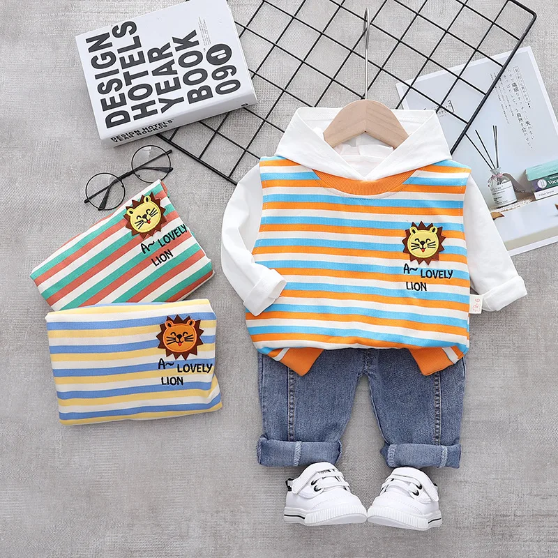 

New Spring Autumn Baby Boy Clothes Sets Fashion Infant Kids Cartoon Lion Striped Vest+Hoodie+Pants Toddler Girls Cotton Clothing