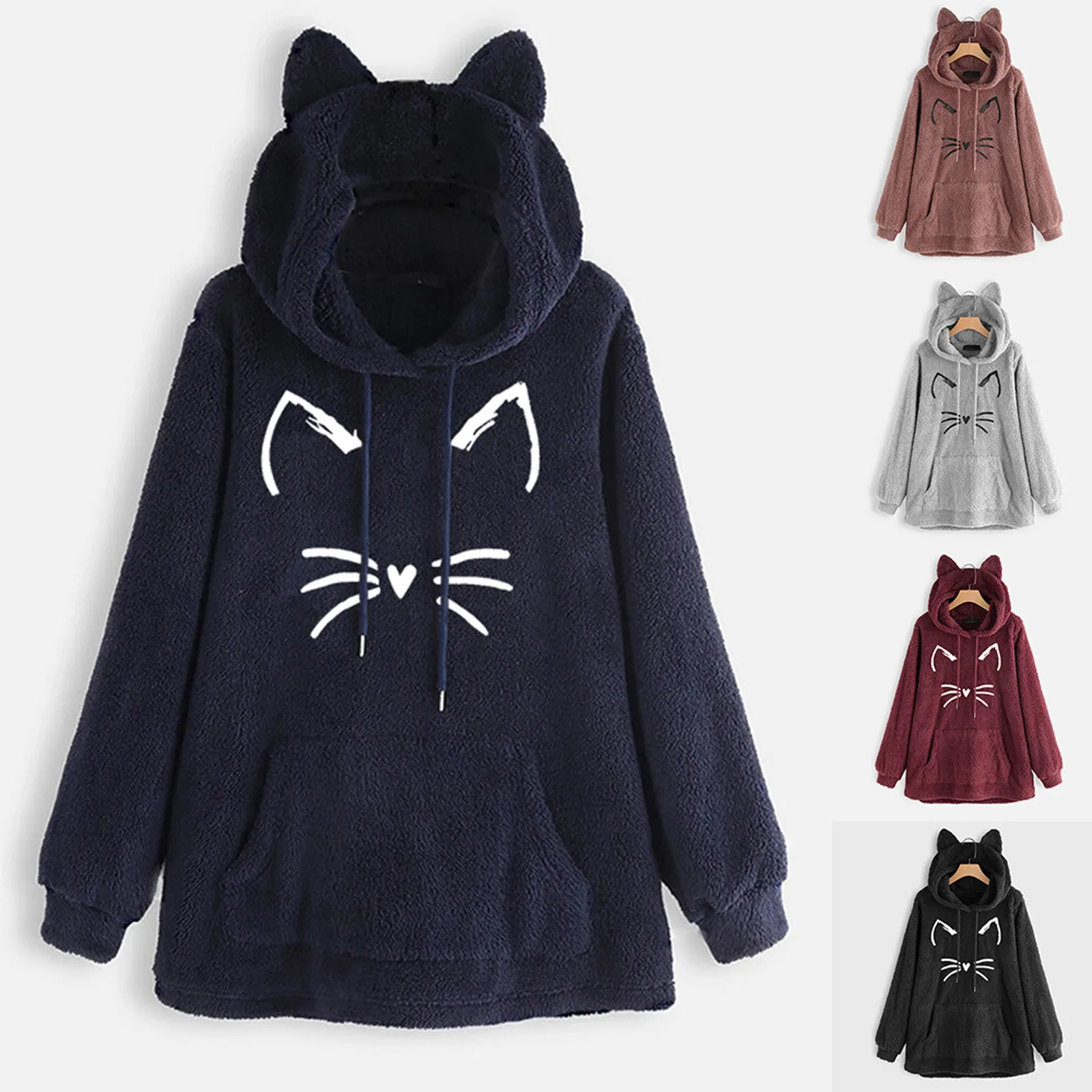 

Зимние толстовки, осенне-зимняя женская толстовка, повседневный прочный Топ из полиэстера с капюшоном и принтом кошек и ушей с длинными рук...