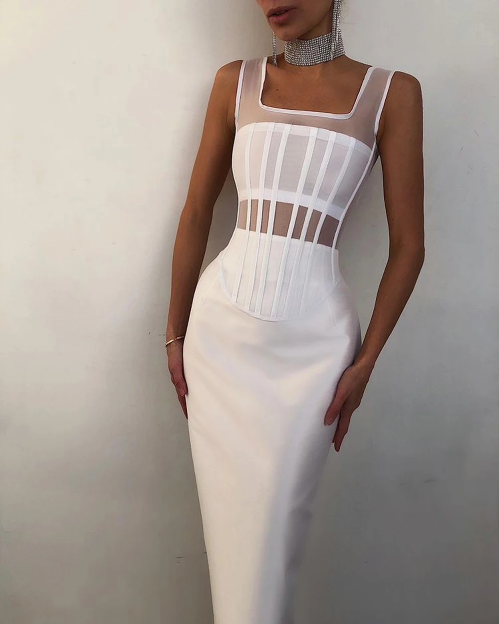 

High Street White Elegant Fasion Hollow Out Mid Bodycon Bandage Dress Celebrity Designer Fashion Evening Party Dress