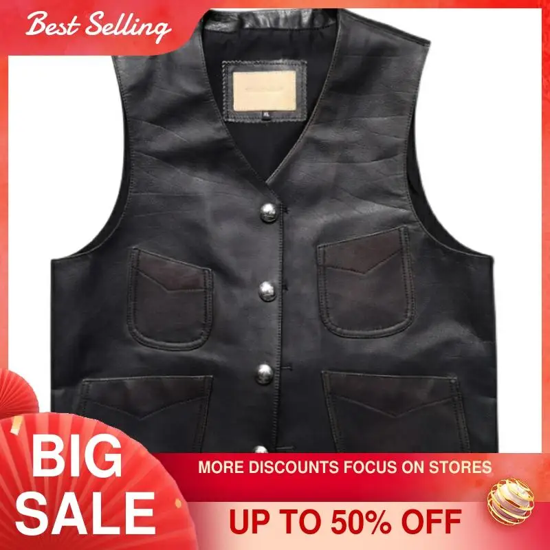 

2021 Black Retro Style Genuine Leather Vest Men Single Breasted Plus Size 4XL Real Natural Cowhide Spring Slim Fit Safari Coat
