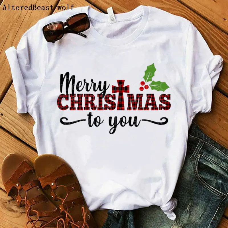 Женская футболка в клетку с надписью Merry christmas to you Рождественская женские топы