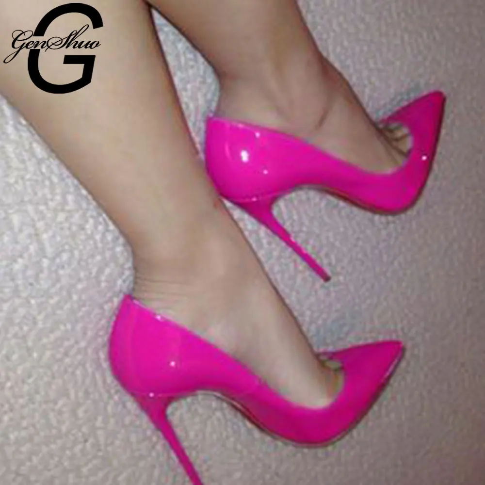 

GENSHUO Patent Leather High Heel Shoe Sexy Pointed Toe Thin Heels Woman Pumps 2020 Dress Heels 35-42 Party Shoes Nightclub Pumps
