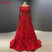 charming red feather prom dresses saudi arabia sequined bling bling long sleeves a line evening gowns lace up back robe de soire