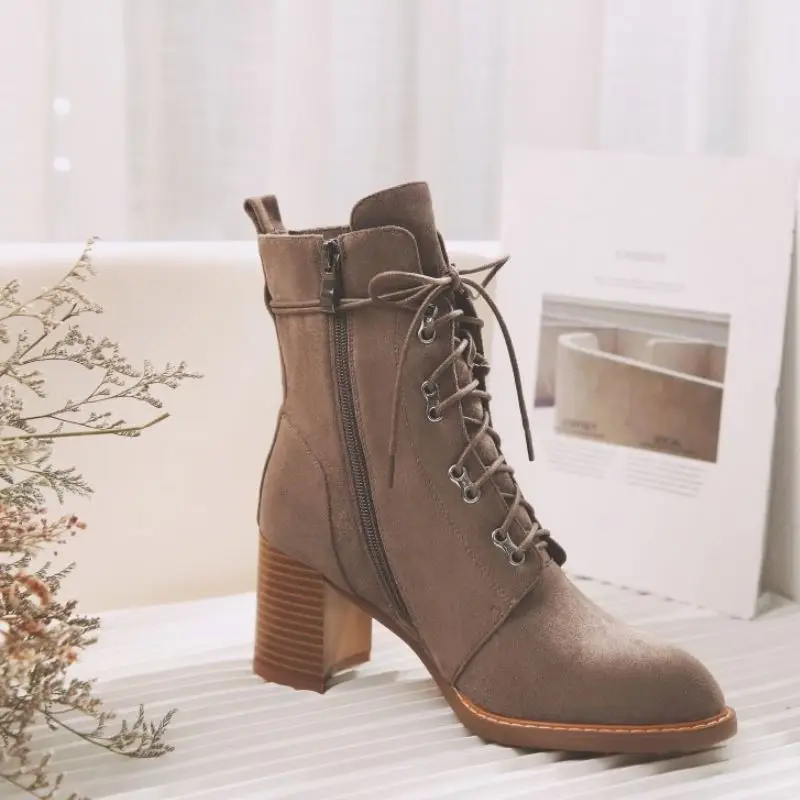 

KemeKiss Women Ankle Boots Real Leather High Heel Boots Thick Heel Patchwork Women Winter Shoes Footwear Size 34-40