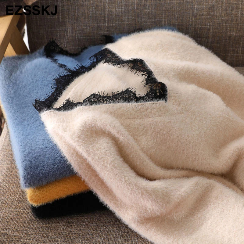 Женский толстый меховой свитер-пуловер с v-образным вырезом кружевной Свитер