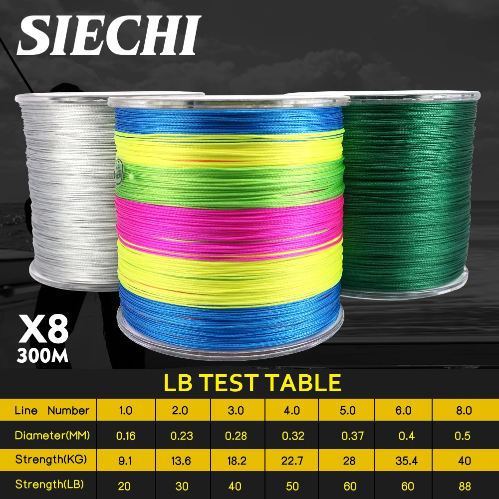

SIECHI 8 Strand Japan Super Strong PE Braided Fishing Line Multifilament Fishing Line 300m Braid Thread Black 8 Braid 20LB -88LB