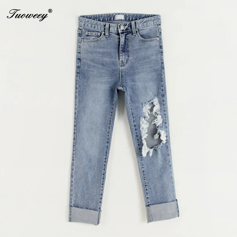 

Female Streetwear Skinny Casual Jeans capris 2019 Ripped Hole Women Blue Denim Jeans Pencil Jeans Summer Cool Denim Pants