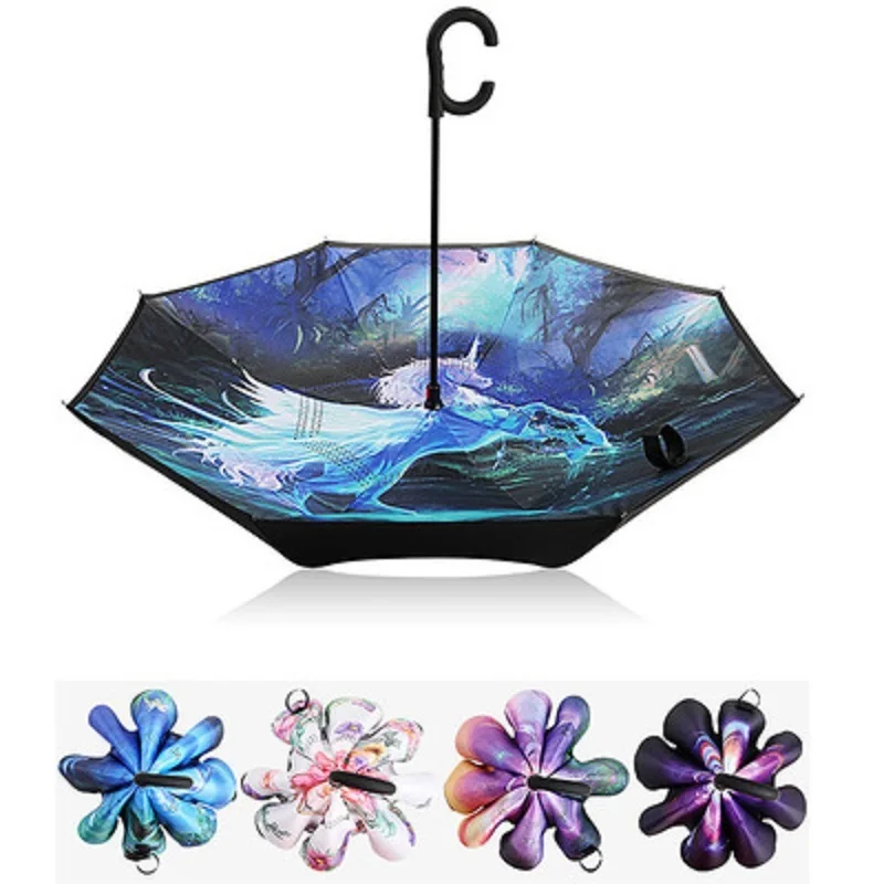 Единорог анти УФ перевернутый Зонт обратного Ветрозащитный складной двойной