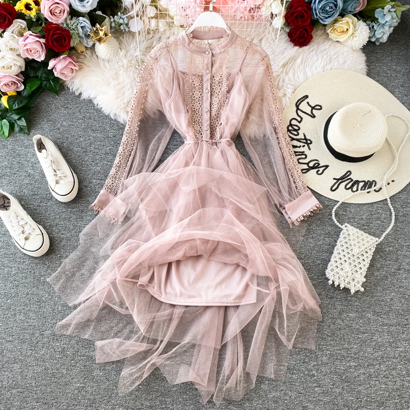 HISUMA, весна, новинка, женское кружевное многослойное Пышное Платье с оборками, женское элегантное платье феи, Необычные платья, комплект из двух предметов