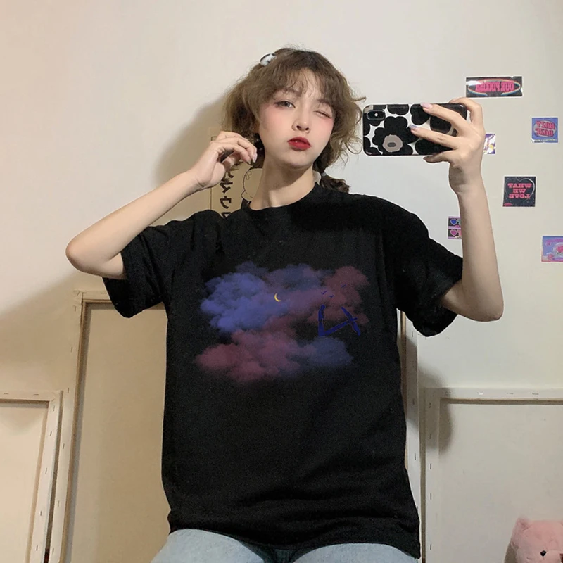 

Women's t-shirts summer Top off white print Harajuku style milk silk mid-length top traf T-shirts harajuku loose casual T-shirt