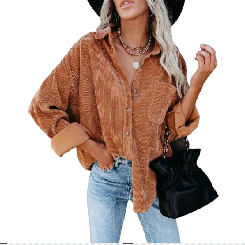 

Рубашка женская Вельветовая однобортная, с отложным воротником, в полоску, на осень/зиму