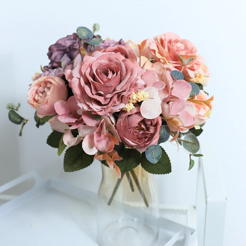 

Decoration AccessoriesArtificial Flowers Retro Silk Rose Bouquet Hydrangea Peony Vintage Bride Holding Fake Flower Home Wedding