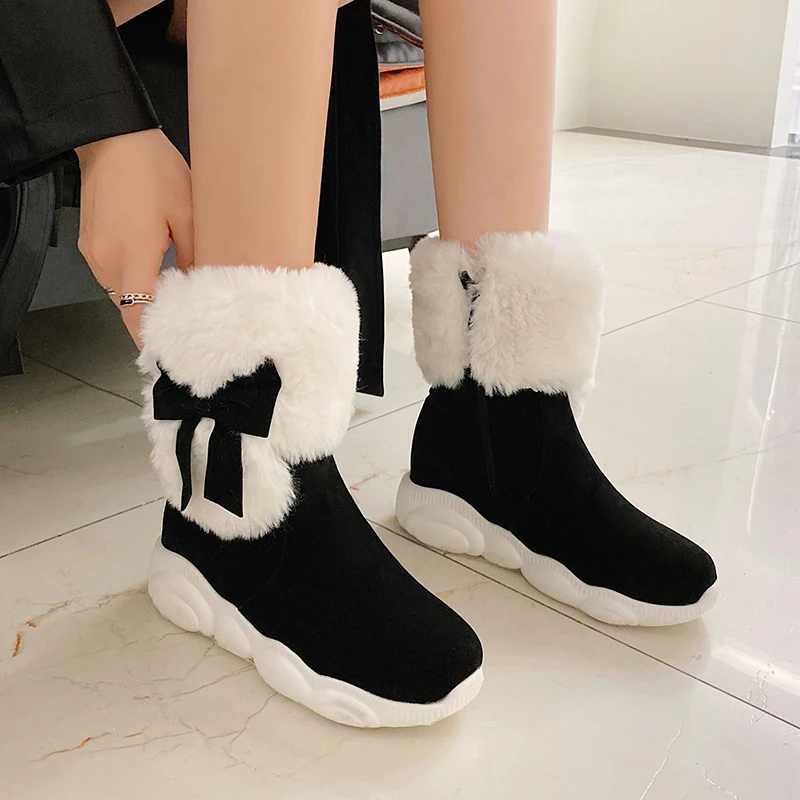 

Fanyuan 2021Winter snow boots comfortable med heels square toe ladies shoes fashion bowknot keep warm ankle boots women