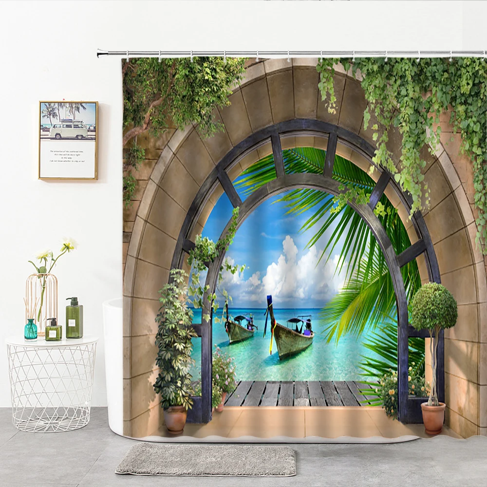 

European And American Style Shower Curtains Mediterranean Street Garden Printed Bathroom Curtain Cloth Curtain For Bath Decor