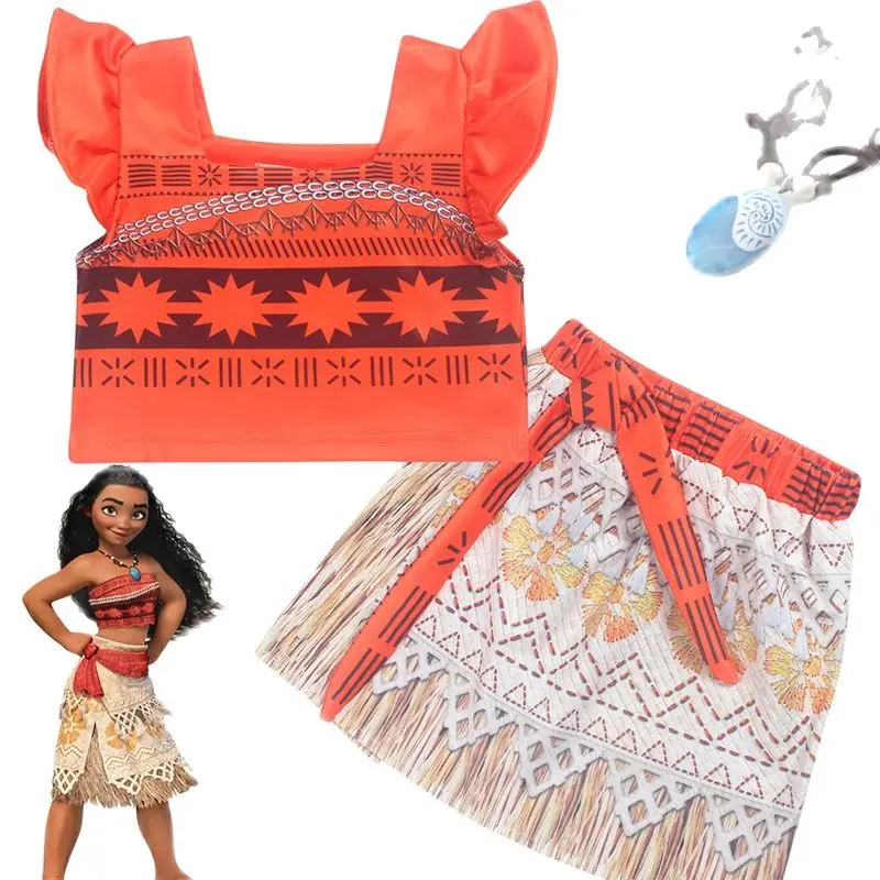 Disney Princess Moana Cosplay Costume for Children Vaiana dress with Necklace Halloween Costumes Kids Girls Gift | Детская одежда и