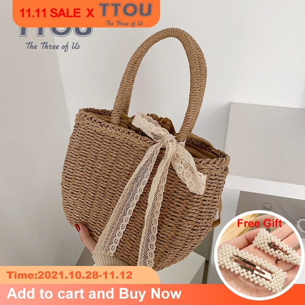 

Плетеная соломенная сумка на плечо для женщин, повседневные вместительные однотонные элегантные дорожные пляжные сумочки из ротанга