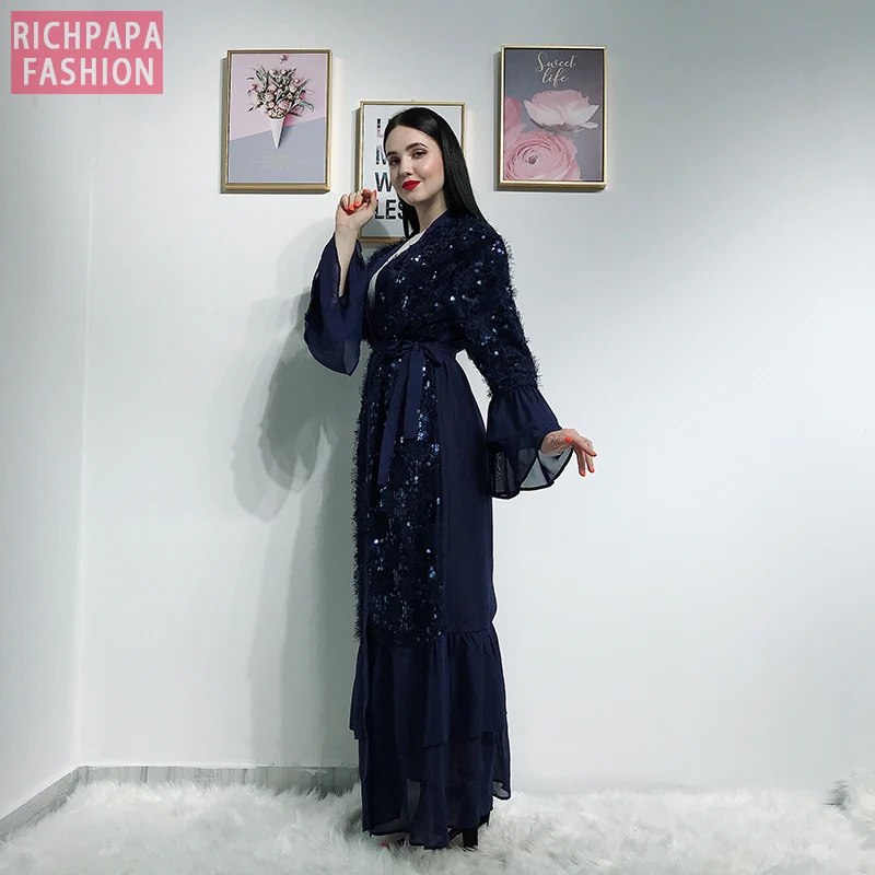 Кимоно с пайетками открытые абаи Дубай кафтан ислам мусульманский хиджаб платье
