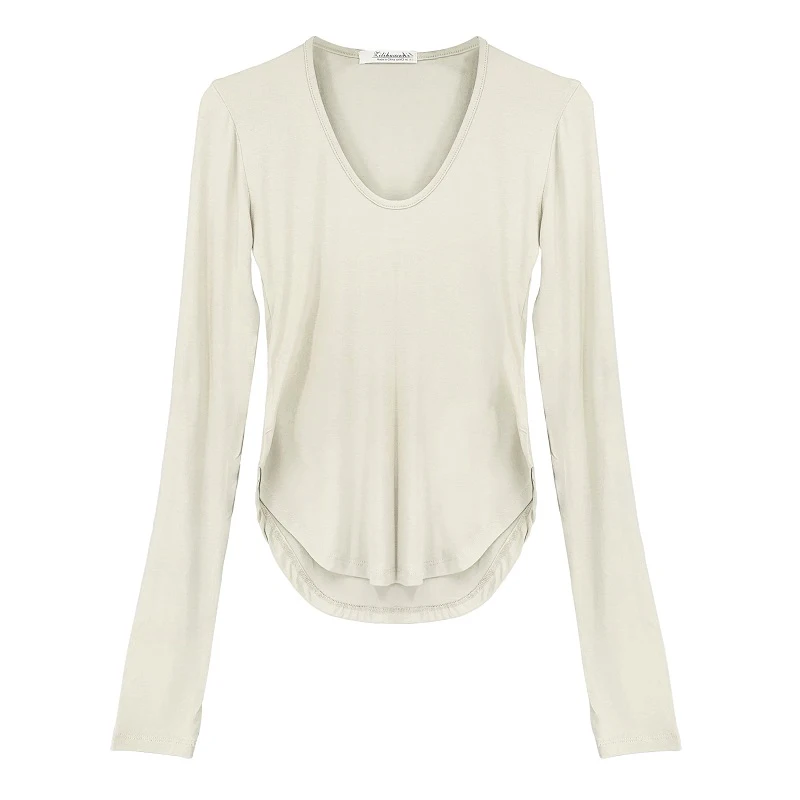 Korean Spring T-Shirts Women O-Neck Long Sleeve Casual Shirts Tops Skinny Slim Sexy Cotton Streetwear Split Basic Top Z799 | Женская