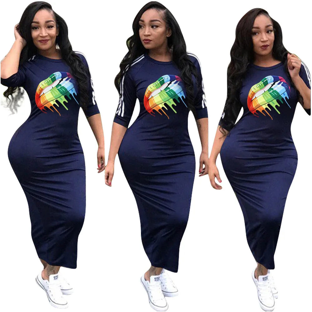 Повседневное Для женщин Bodycon платье летние модные разноцветные радужные губы офсетная печать обхват талии, обхват бедер, ужин платья для Для женщин vestidos mujer