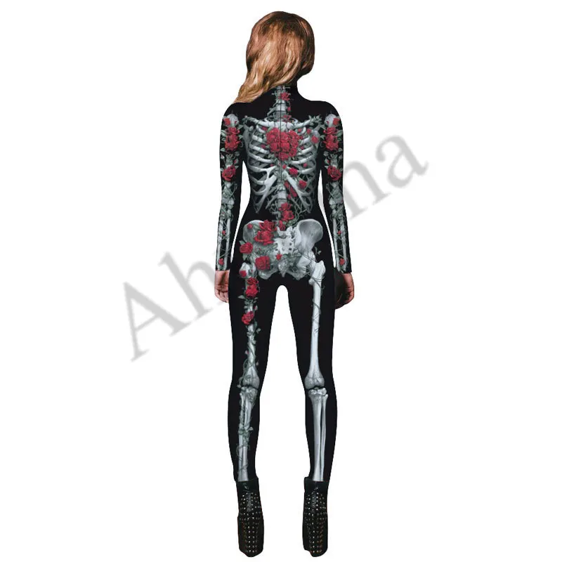 Women Sexy Bodysuits Halloween Costumes For Girls 3D Skull Rose Printing Jumpsuits Punky Back Zipper Macacao Feminino C062 | Тематическая