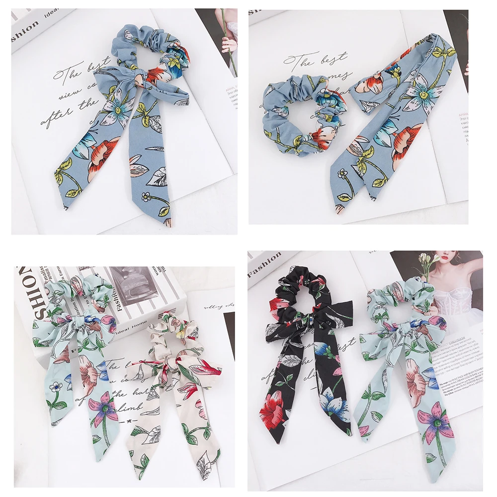 European and American exotic small fresh floral print wavy large intestine ring with ponytail ribbon cloth hair | Красота и здоровье
