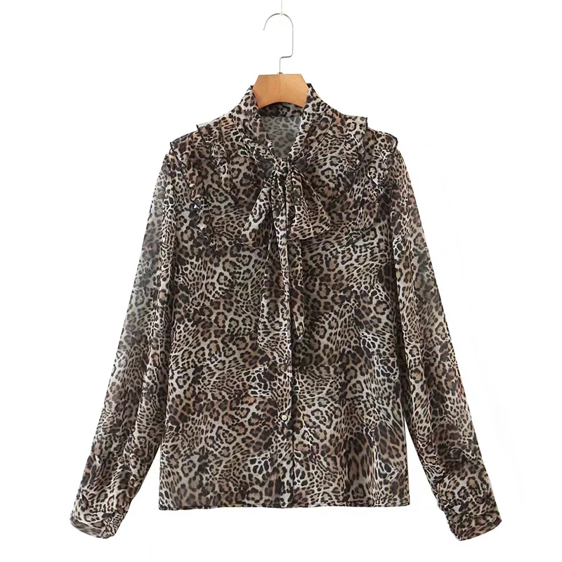

ZXQJ Women Leopard Print Chiffon Shirt 2021 Autumn Fashion Ladies Breasted Cascading Ruffles Blouse Female Bow Knot Shirts