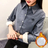 plus velvet thick autumn winter new womens blouse slim square collar shirt women solid warm long sleeved bottoming shirt