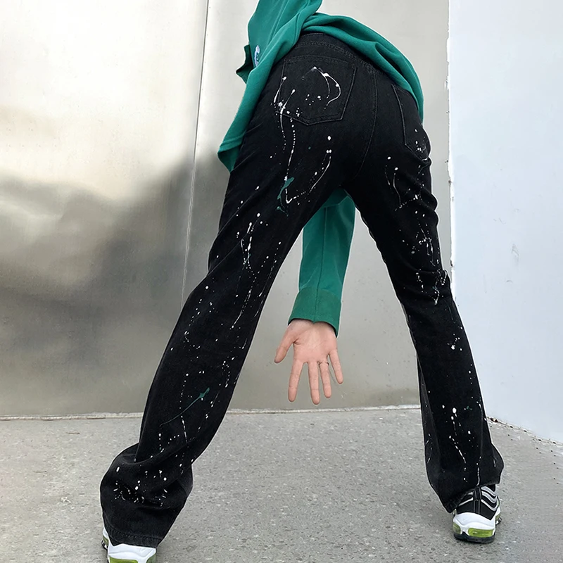 

SHENGPALAE Homemade High Street Ink Splashing Jeans Women's Spring 2021 New High Waist Denim Micro Flared Pants Female 5B1008
