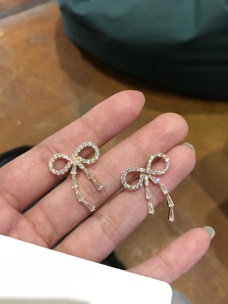 

S925 needle Bowknot Earrings Sweet Korean Temperament Golden Plating Shiny AAA Zircon Earrings For Women Jewelry Girl Gifts