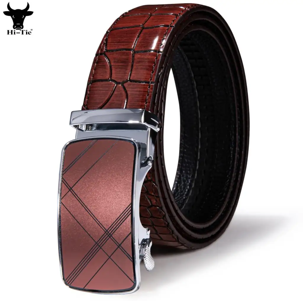 Hi-Tie Automatic Buckles Mens Belts Metal Red Brown Emboss Leather Ratchet Waistband Belt for Men Jeans Dress Wedding Business