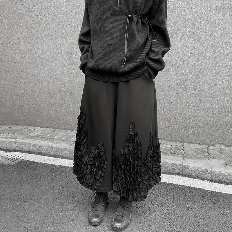 XITAO Patchwork Wrinkles Casual Pants Women Tide Fashion New Style Elastic Empire Waist Match All Wide Leg Loose Black DZL2640