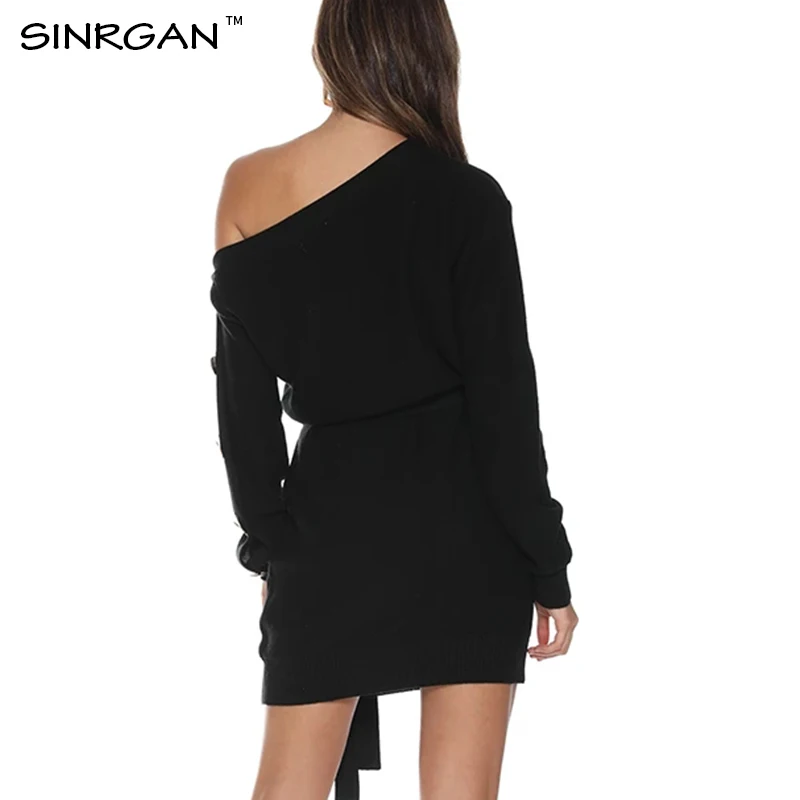 SINRGAN/черное трикотажное платье-свитер на одно плечо женские пуловеры пуговицах