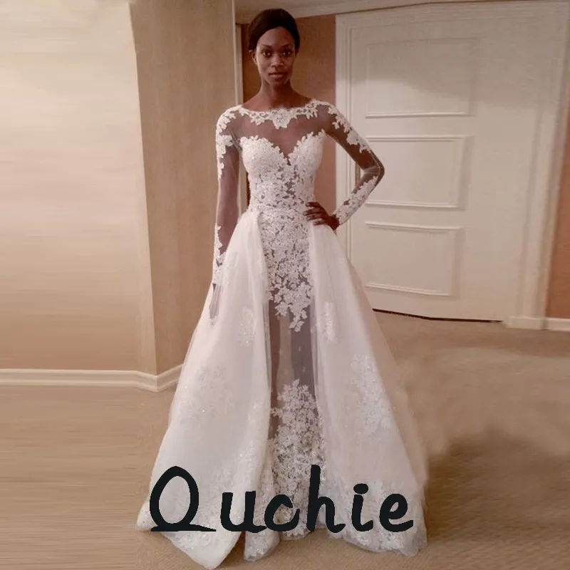 Модные иллюзионные Свадебные платья-русалки Аппликации Съемные платья невесты