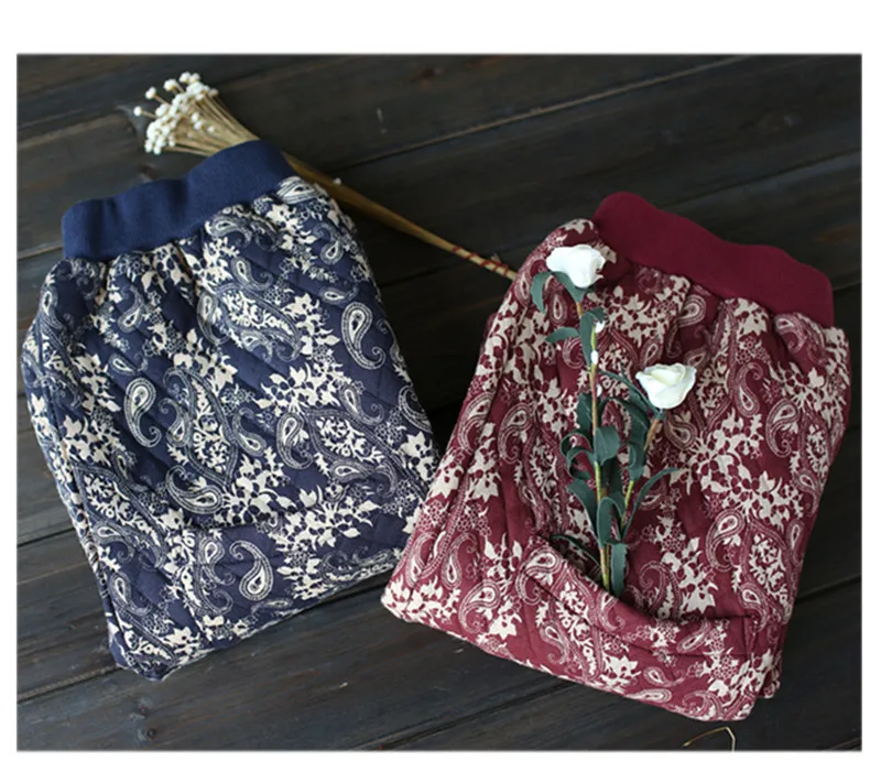 

Original cotton and hemp printed cotton pants women's autumn and winter fattening and loose cotton sandwiched leisure hemp