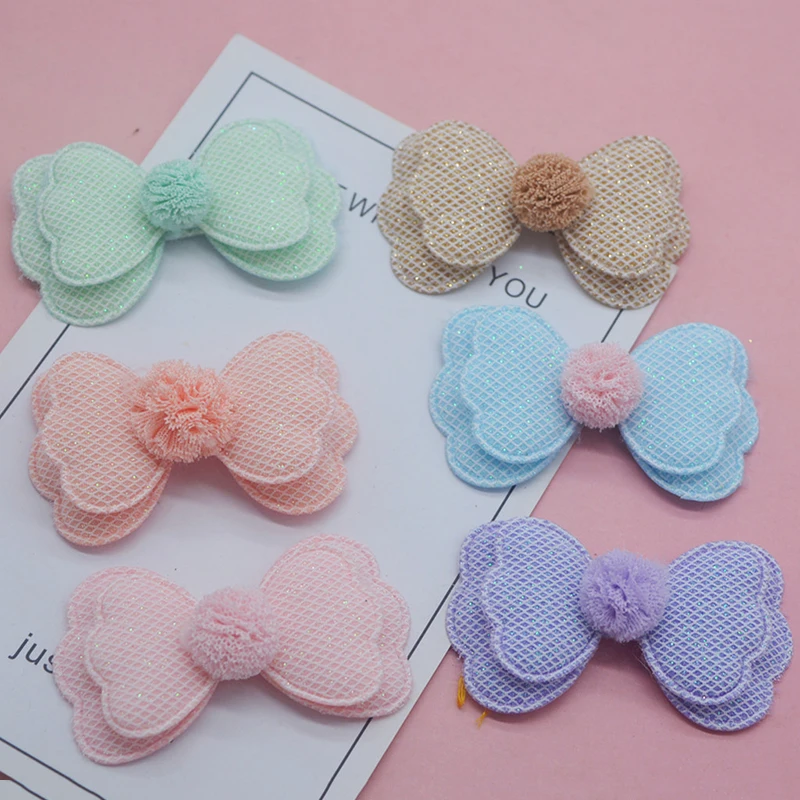 

18pcs/lot 6.4x3.8cm glitter two layer bowknot Padded Appliques For hair Clip Accessories DIY Kid patches